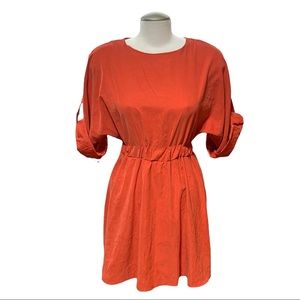 Orange Elasticized Waistband Rolled Up Sleeves Mini Dress Small